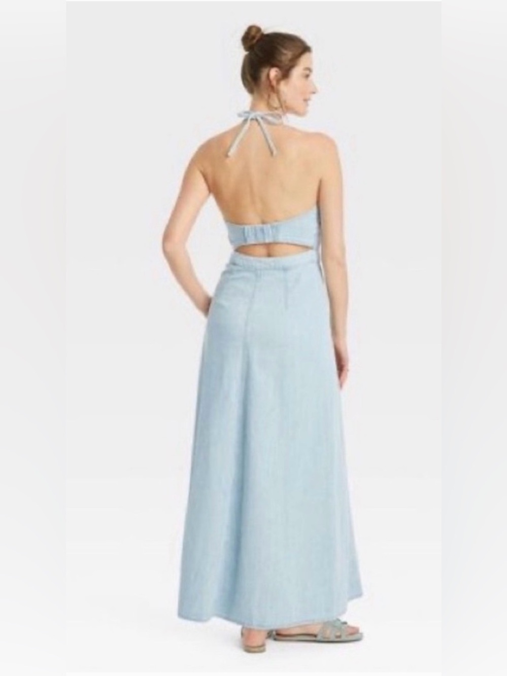 Universal Thread Light Wash Denim Halter Maxi Dress Open Back Pockets Size 12 - Picture 3 of 12